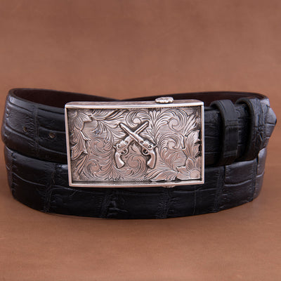 Boxcreek Western Buckle with Cross Pistols and Floral Corner Overlays