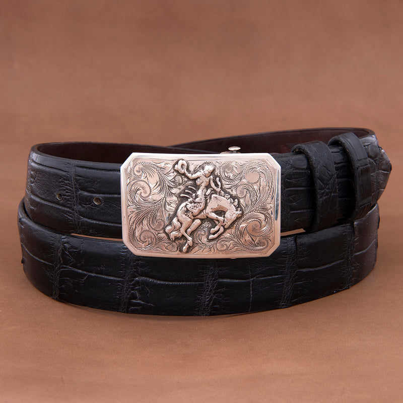 Mesa Western Engraved Buckle with Bronc Rider and High Polished Border