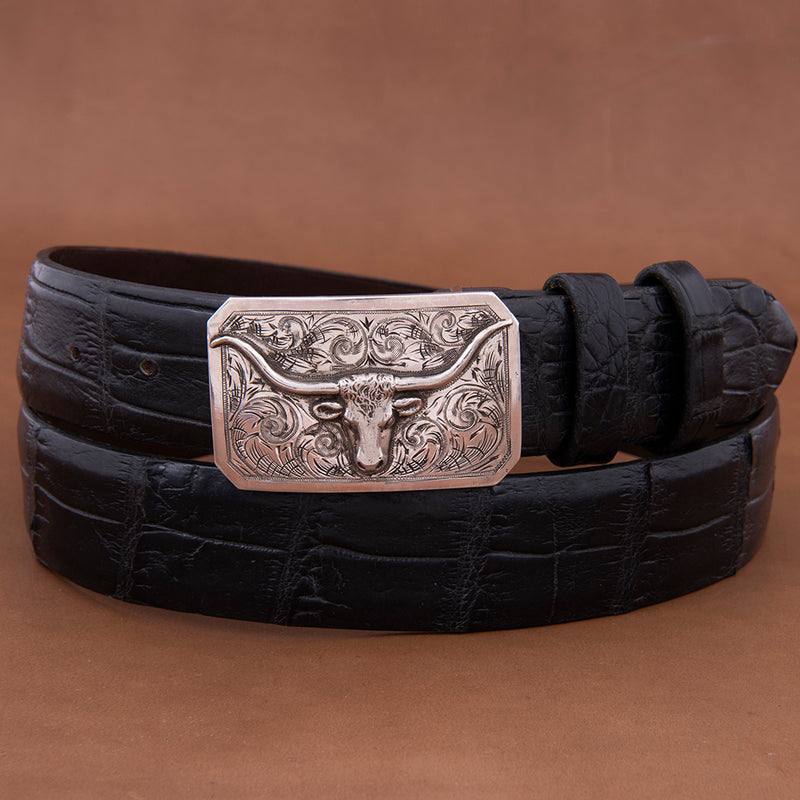 Plain Western Buckle with Steer and High Polished Border