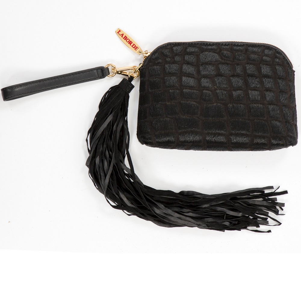 BLACK CROC EMBOSSED TASSEL POUCH