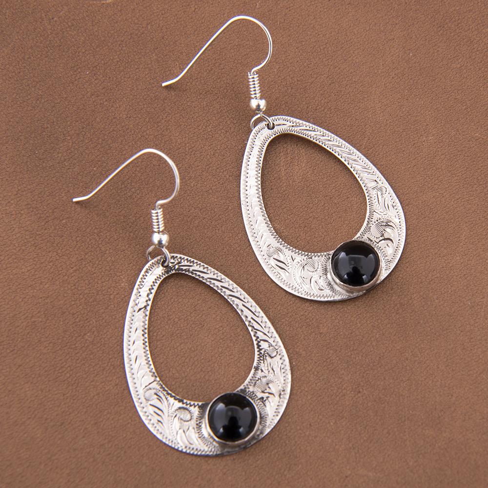 Small Western Engraved Black Onyx Pear Drop Earrings
