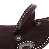 Chocolate RO White Bucksitch and Feather Round Barrel Saddle