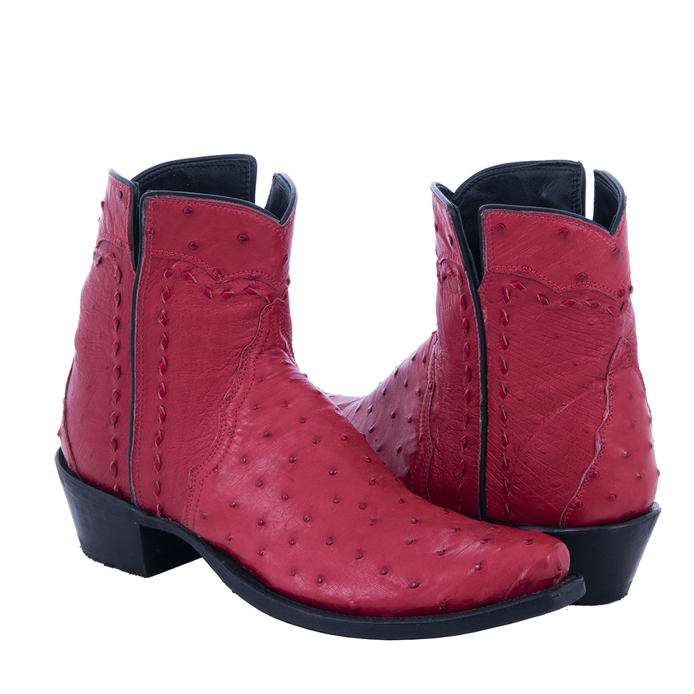 Ladies Red Full Quill Ostrich Buckstitch Short Boots Mini Vi