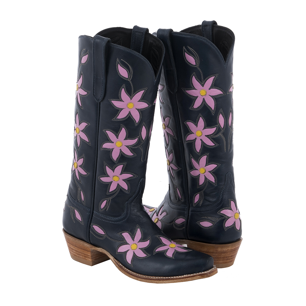 Ladies Navy Blue and Pink Pinwheel Floral Cowboy Boot