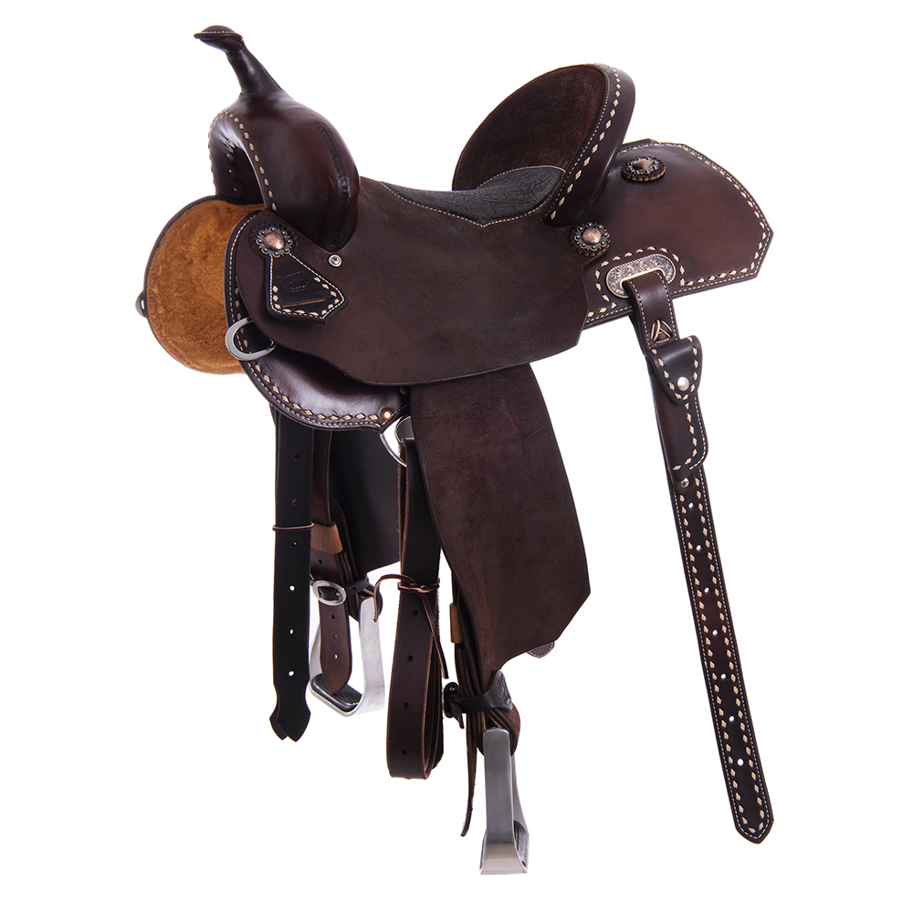 Burns Chocolate RO Barrel Saddle- Notched- Natural Buckstitch Modified