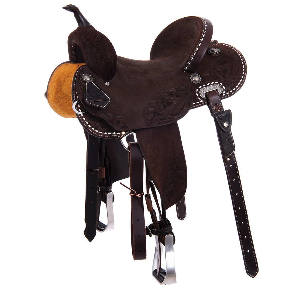 Chocolate RO White Bucksitch and Feather Round Barrel Saddle