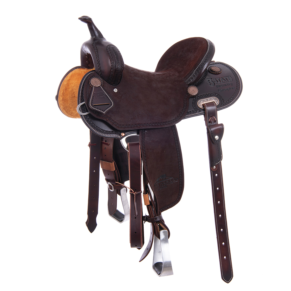 Burns Chocolate SO/RO Barrel Saddle - Round - Full Celtic Border w/ Sponsorships 