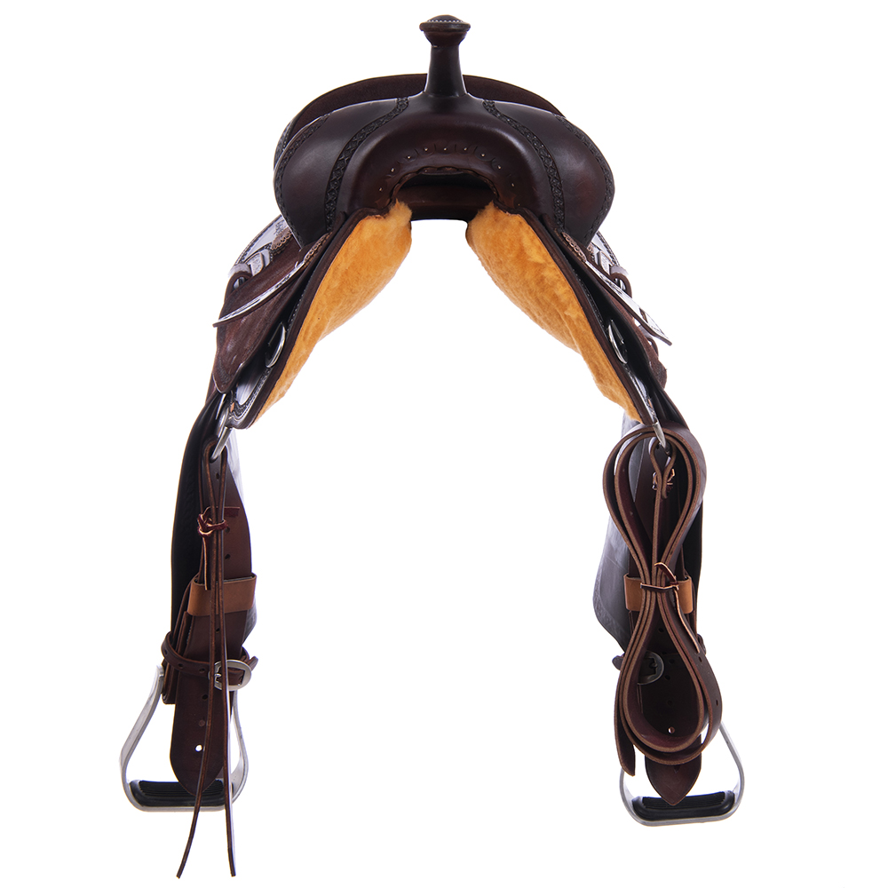 Burns Chocolate SO/RO Barrel Saddle - Round - Full Celtic Border w/ Sponsorships 