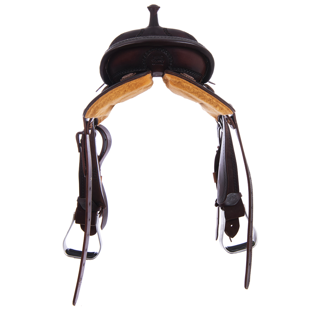 Burns Chocolate SO/RO Barrel Saddle - Round - Full Celtic Border w/ Sponsorships 