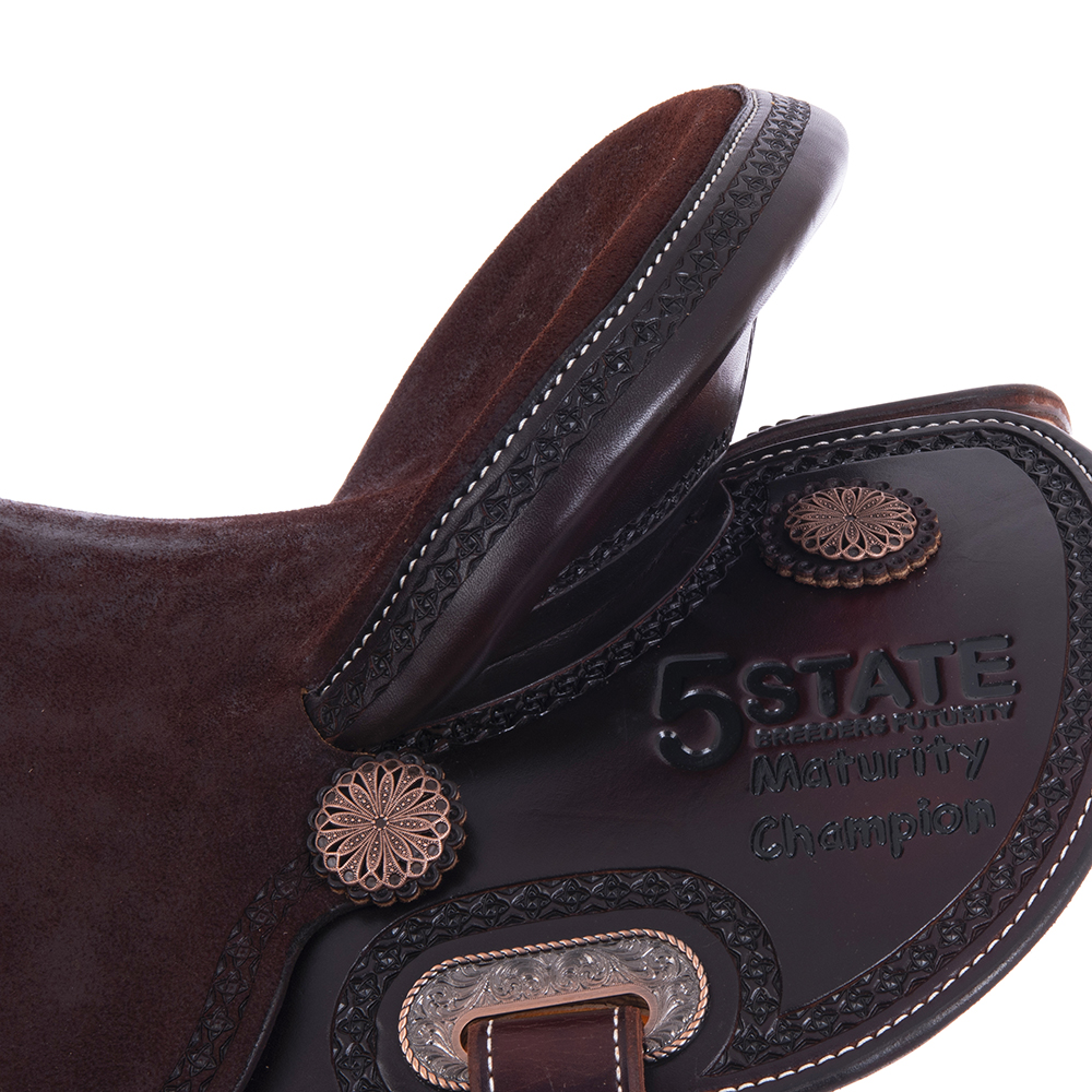 Burns Chocolate SO/RO Barrel Saddle - Round - Full Celtic Border w/ Sponsorships 