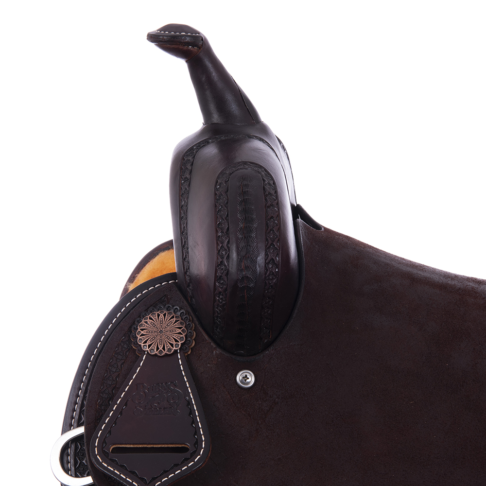 Burns Chocolate SO/RO Barrel Saddle - Round - Full Celtic Border w/ Sponsorships 