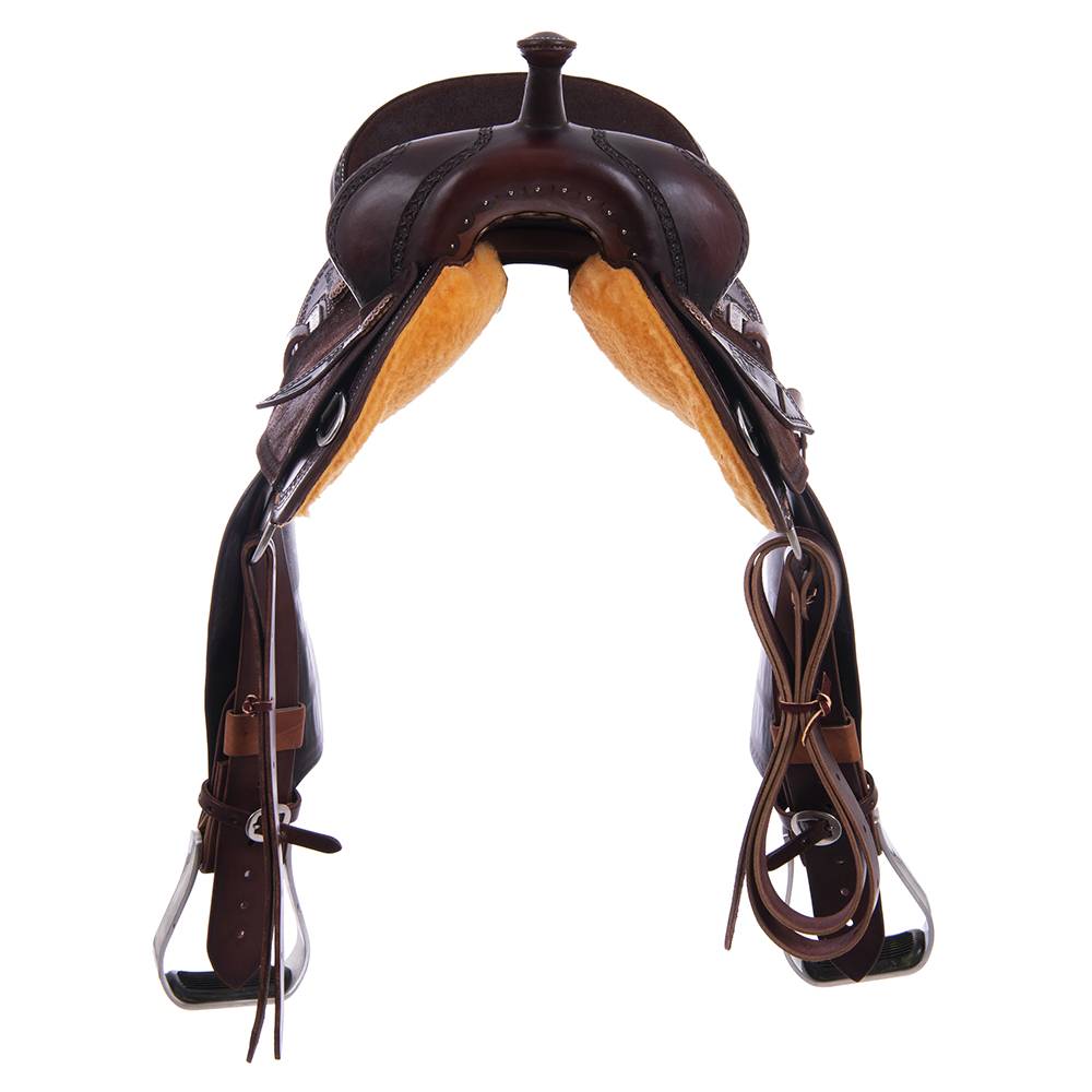 Burns Chocolate SO/RO Barrel Saddle - Round - Full Celtic Border w/ Sponsorships 