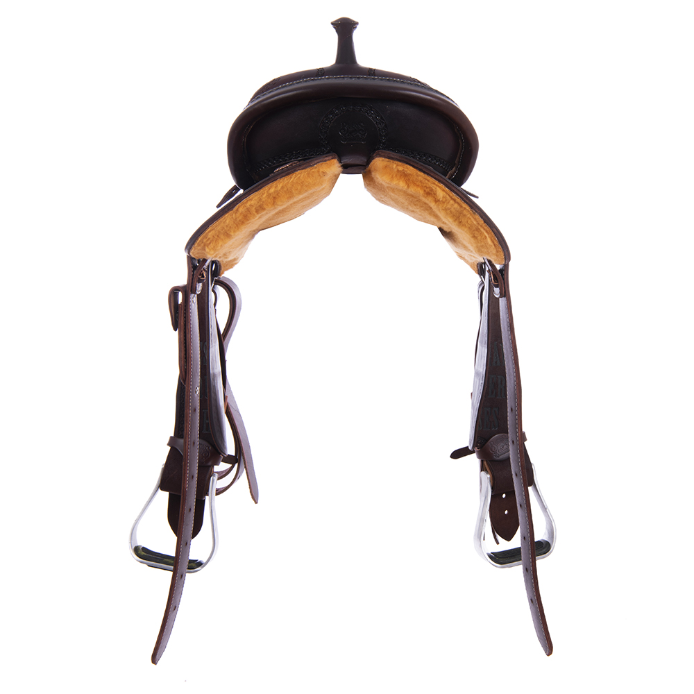 Burns Chocolate SO/RO Barrel Saddle - Round - Full Celtic Border w/ Sponsorships 