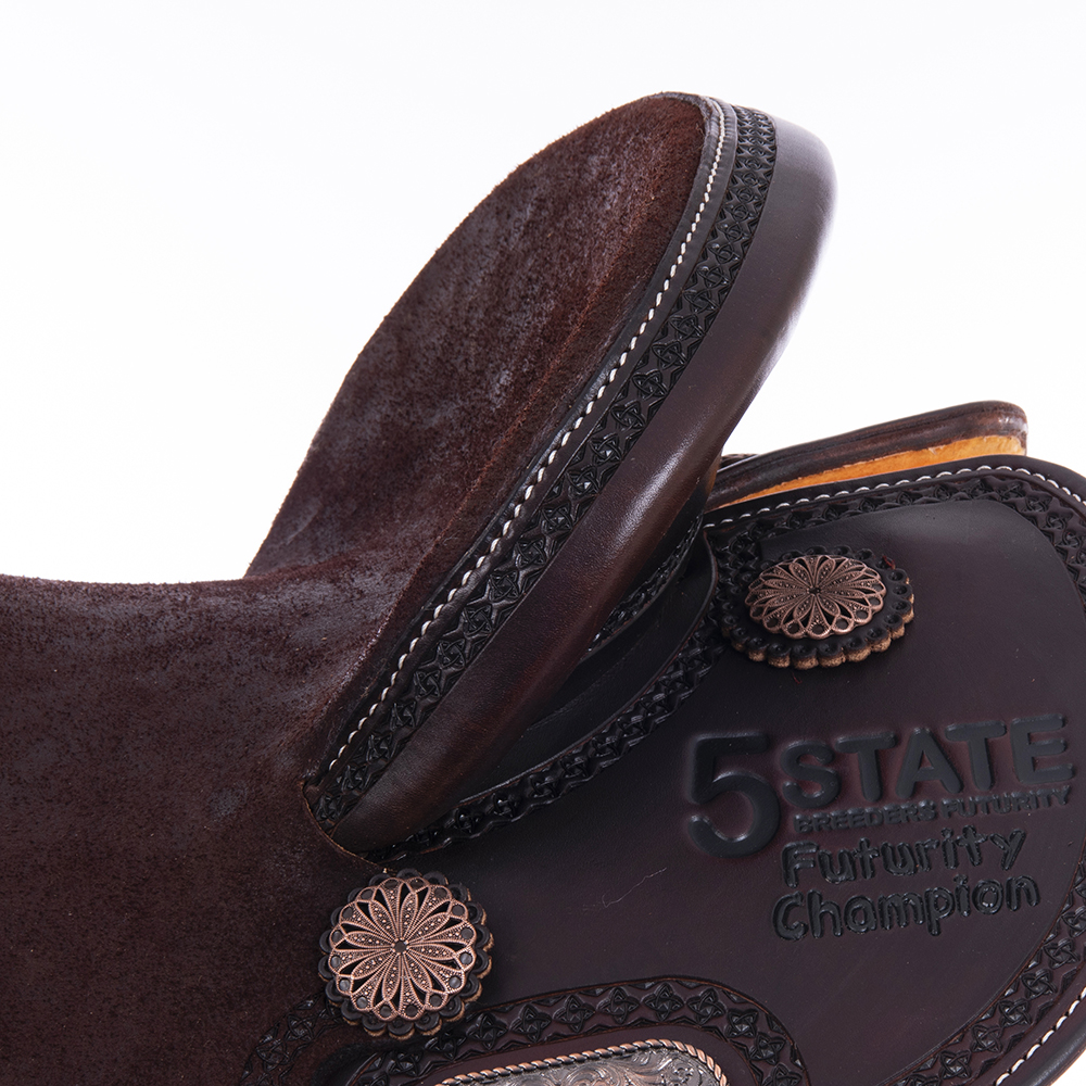 Burns Chocolate SO/RO Barrel Saddle - Round - Full Celtic Border w/ Sponsorships 