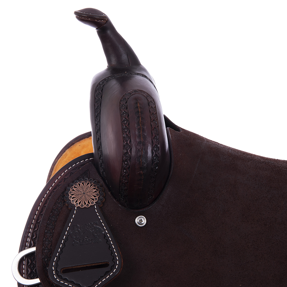 Burns Chocolate SO/RO Barrel Saddle - Round - Full Celtic Border w/ Sponsorships 