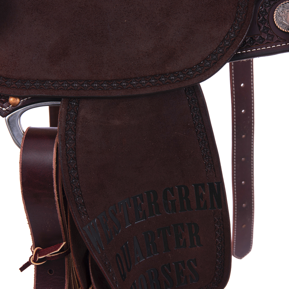 Burns Chocolate SO/RO Barrel Saddle - Round - Full Celtic Border w/ Sponsorships 