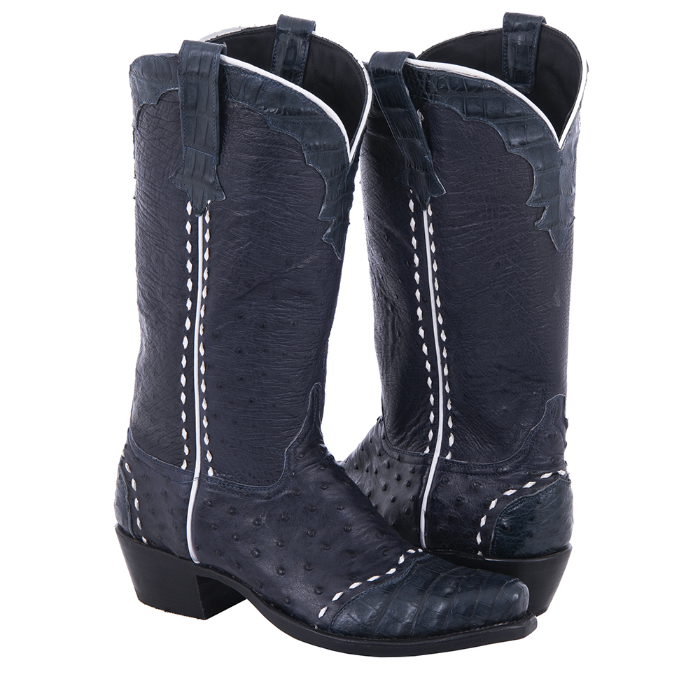 Ladies 13" Navy Full Quill Ostrich and Caiman Cowboy Boots