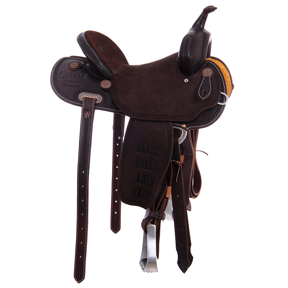 Burns Chocolate SO/RO Barrel Saddle - Round - Full Celtic Border w/ Sponsorships 