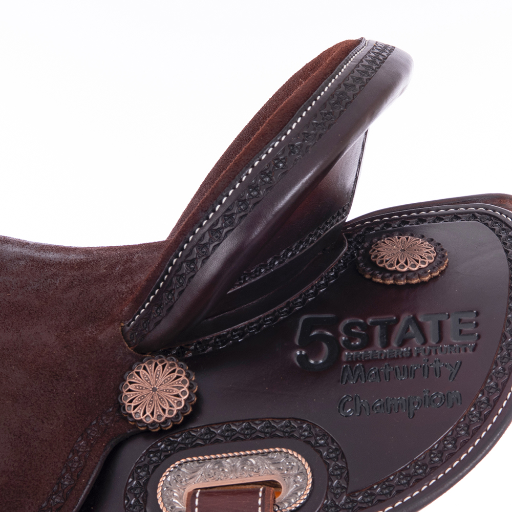 Burns Chocolate SO/RO Barrel Saddle - Round - Full Celtic Border w/ Sponsorships 