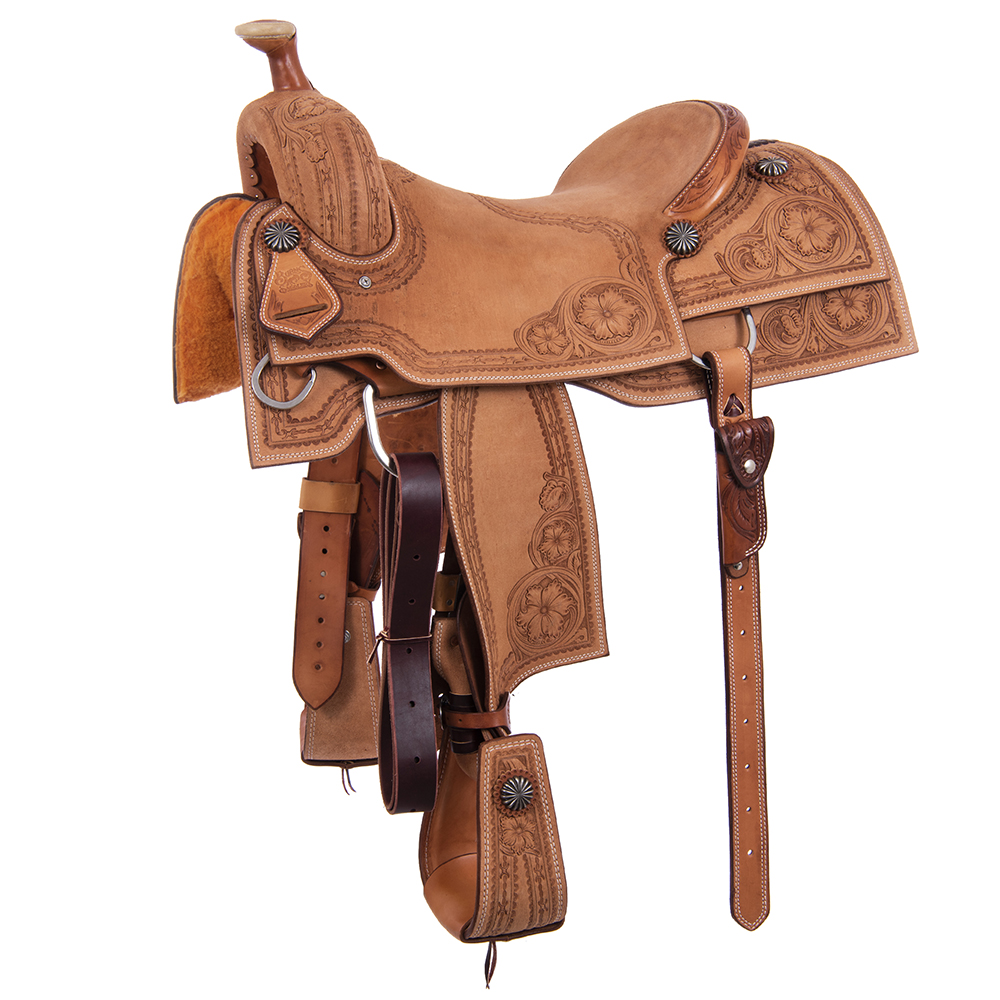Burns Russet RO Ranch Cutter Saddle - Pointed Square - Deluxe Border Full Barbwire w/ Wyo Flower 