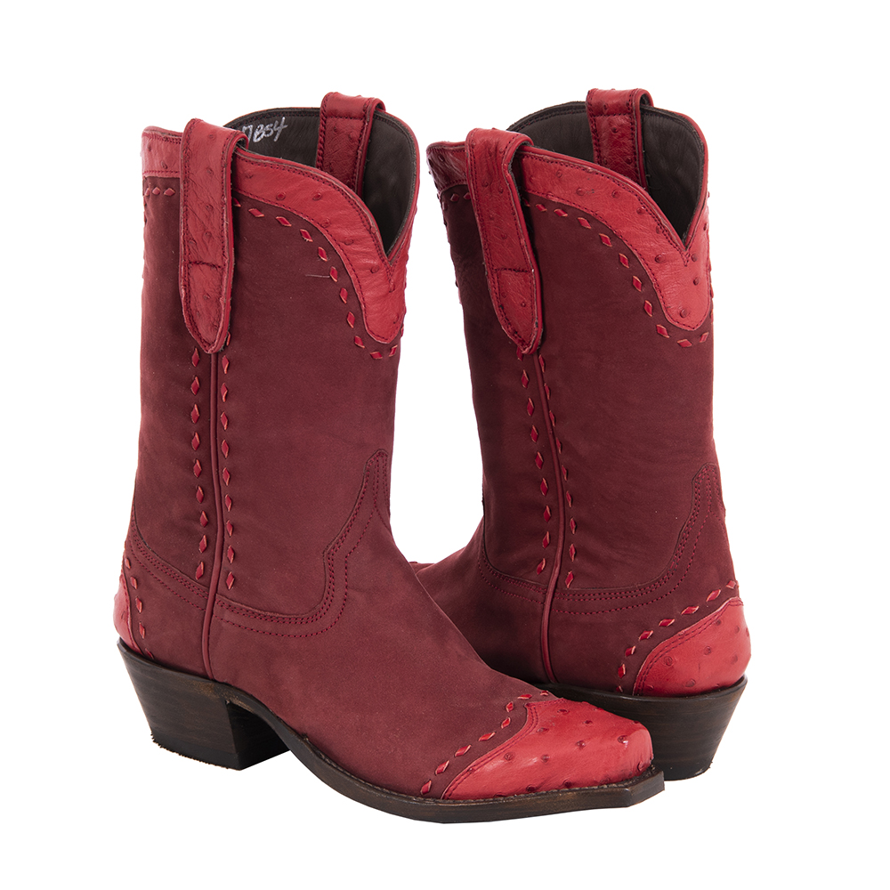 Ladies 10" Red Nubuck Ostrich Tipped Cowboy Boots