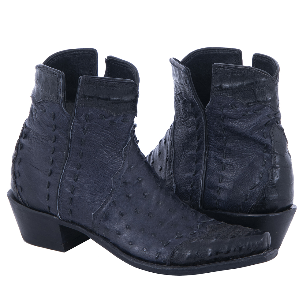 Ladies Navy Ostrich and Black Caiman Short Boots