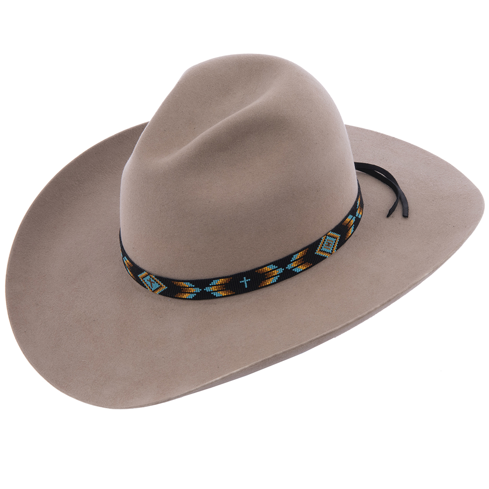 13 Wide Black Hatband w/TQ, Yellow, Blue, Brown 36 Frathers 3 TQ Crosses