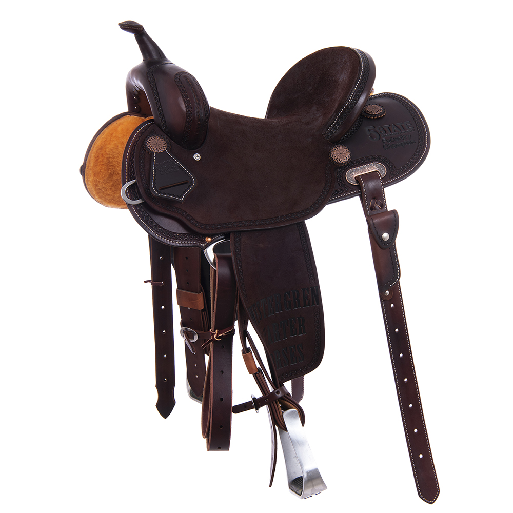 Burns Chocolate SO/RO Barrel Saddle - Round - Full Celtic Border w/ Sponsorships 