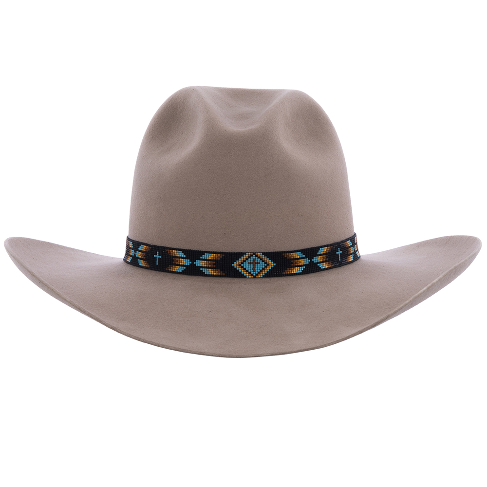 13 Wide Black Hatband w/TQ, Yellow, Blue, Brown 36 Frathers 3 TQ Crosses