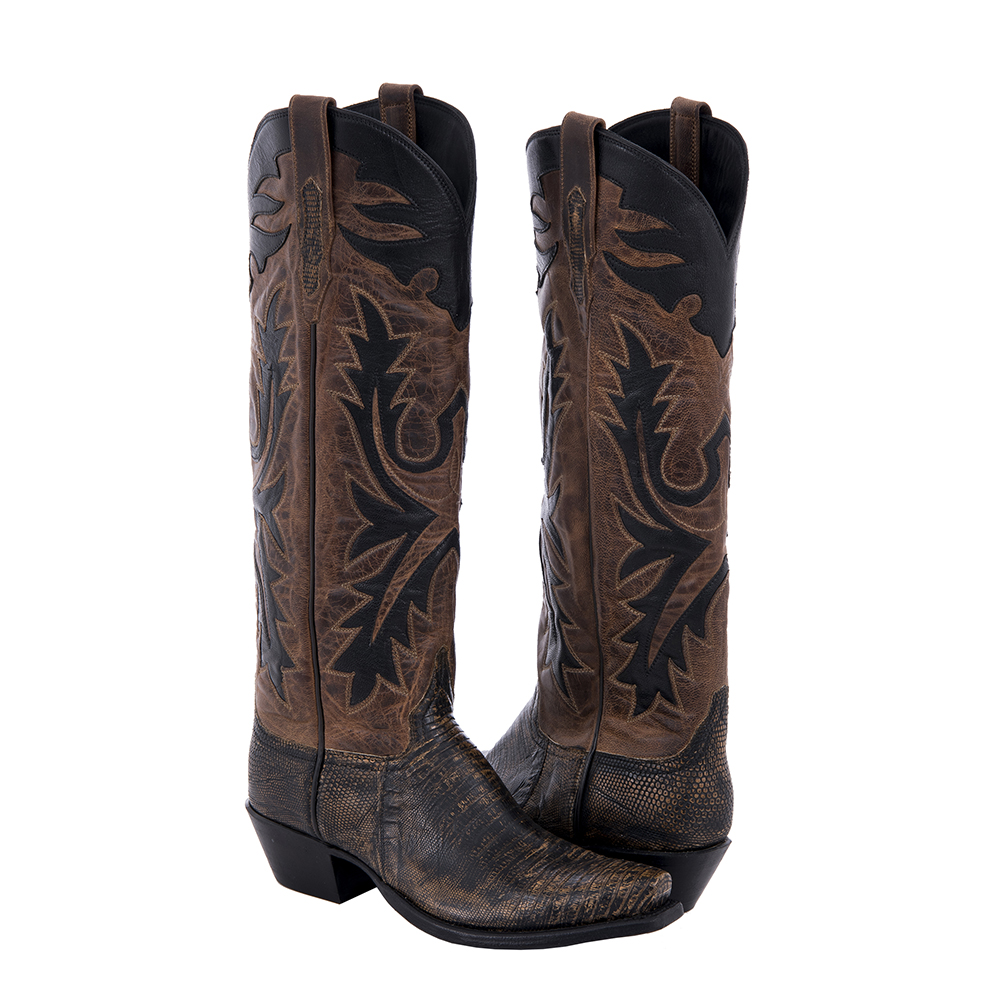 Ladies 17" Tan Distress Lizard and Canella Goat Cowboy Boot