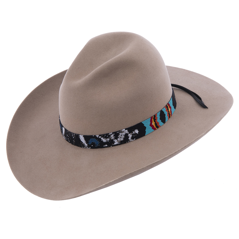 19 Wide Black Peyote Hatband w/Blue, White, Grey, Orange Yellow