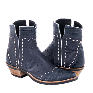 Ladies Navy Ostrich Caiman Tipped Short Cowboy Boots