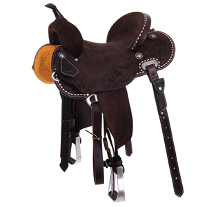 Chocolate RO White Bucksitch and Feather Round Barrel Saddle
