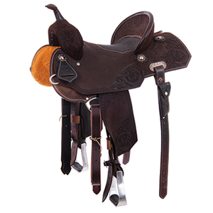 Burns Chocolate RO Barrel Saddle - Notched- Sunny D Floral Corner w/Diamond Half Diamond - Standard 
