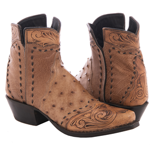 Ladies Brandy Ostrich Tooled Short Boots