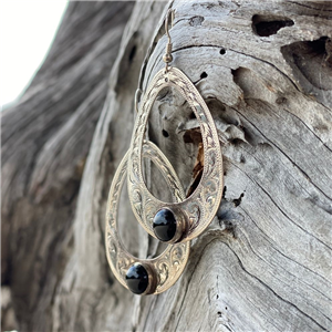 Large Western Engraved Black Onyx Pear Drop Earrings