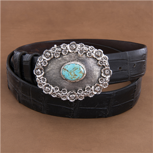 Mae Turquoise Crosshatch Floral Oval Buckle