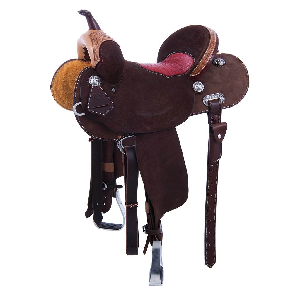 Burns Chocolate RO Barrel Saddle-Round- Red Buckstitch- Wyo Floral Russet Overlay
