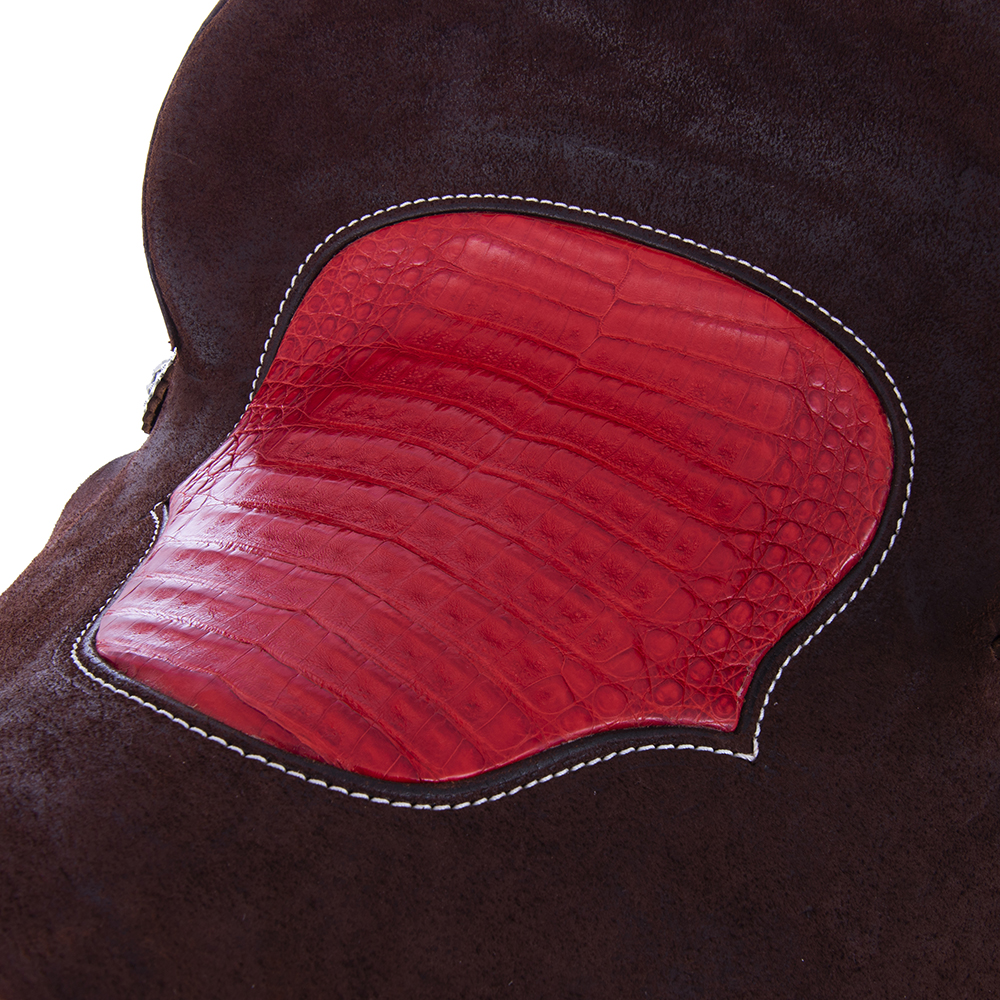 Burns Chocolate RO Barrel Saddle-Round- Red Buckstitch- Wyo Floral Russet Overlay