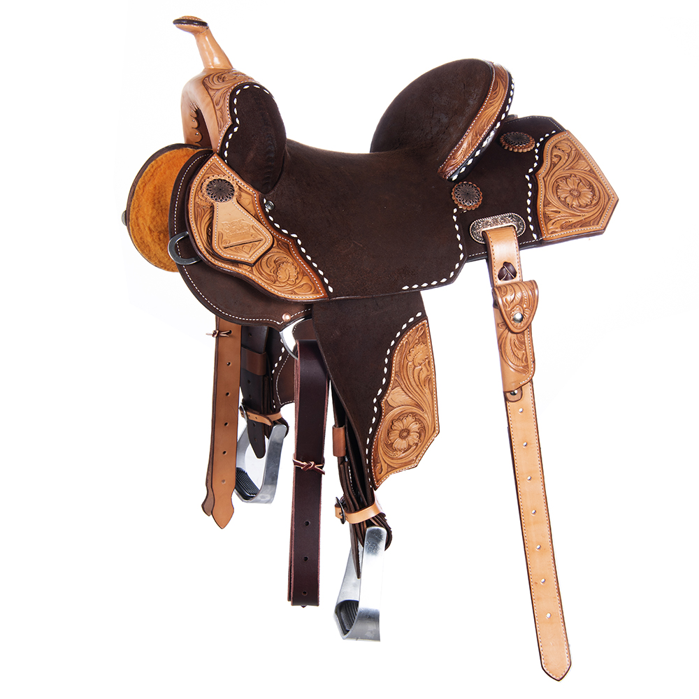 Burns Chocolate RO W/ Russet SO Overlays Barrel Saddle - Notched - Wyo Floral Corner  W/ White Bucks