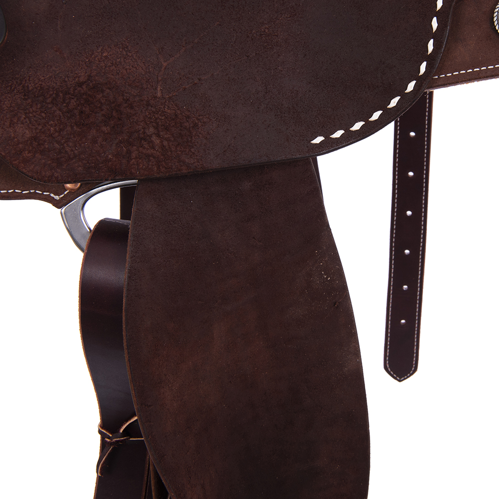 Burns Chocolate RO Barrel Saddle - Notched - White Buckstitch Seat & Skirt Corners