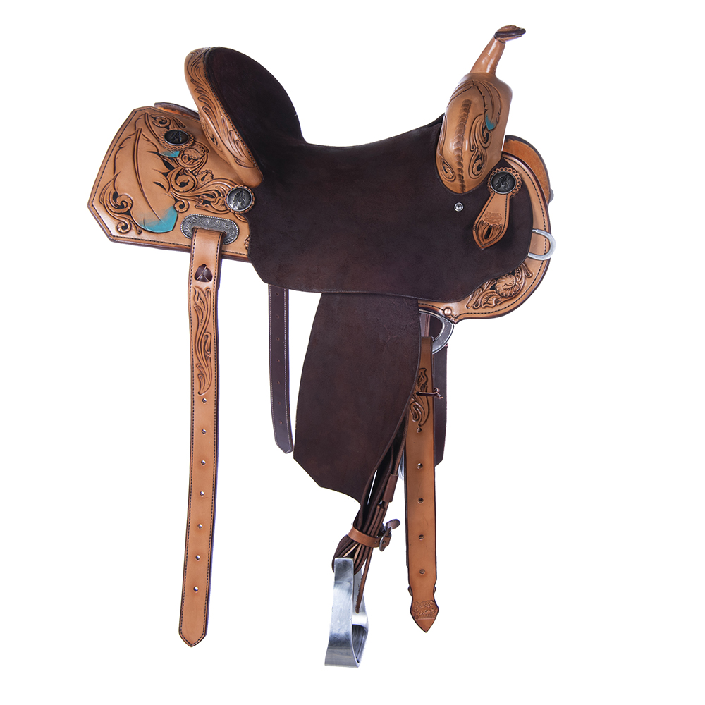 Burns Russet SO Chocolate RO Barrel Saddle - Notched - 1/2 Full Large Feather, Tips Painted Turquios