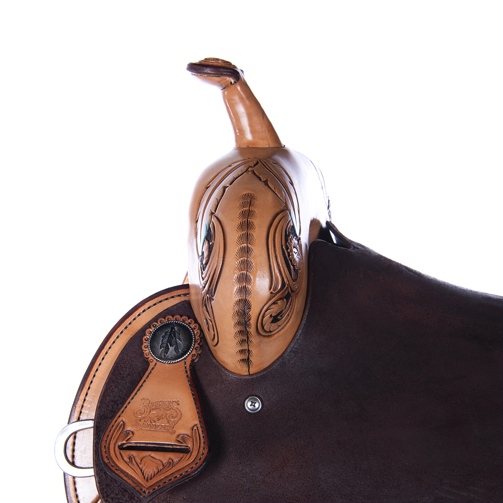 Burns Russet SO Chocolate RO Barrel Saddle - Notched - 1/2 Full Large Feather, Tips Painted Turquios
