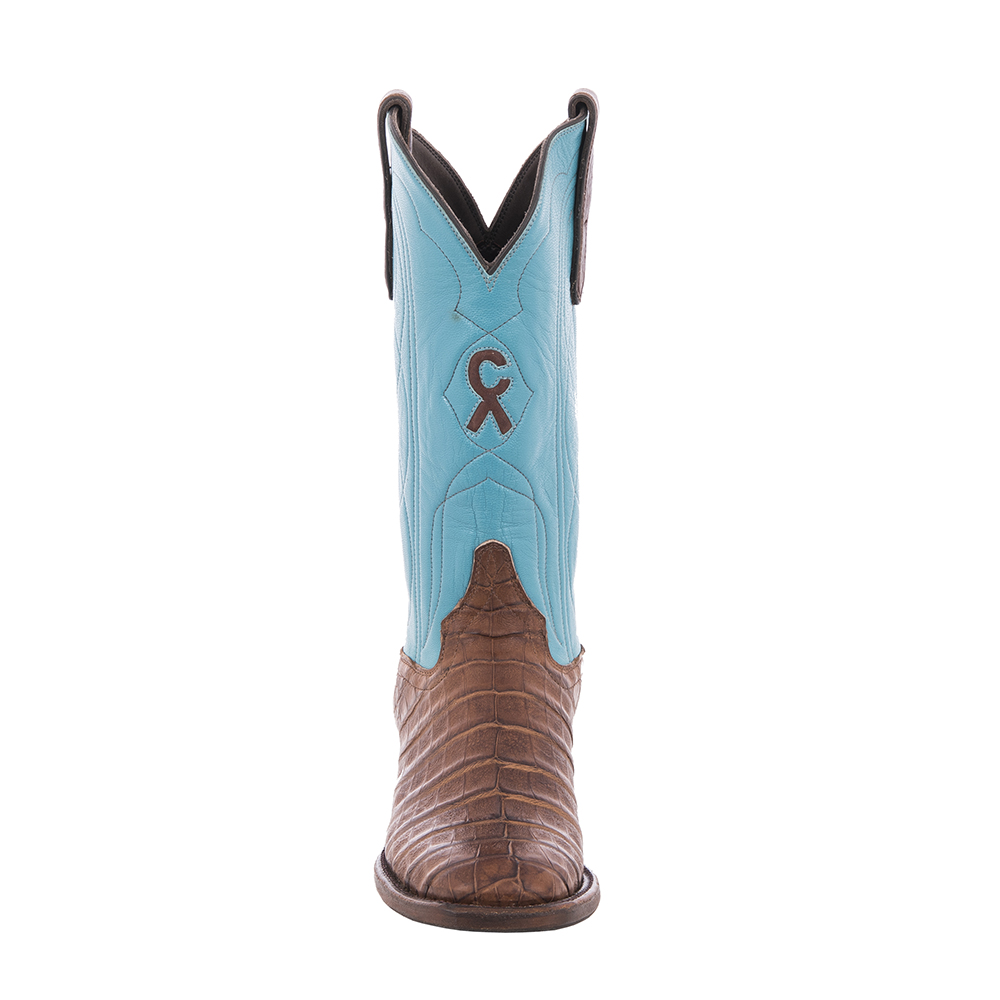 Ladies Cowboy 12" Cigar Pull Up Caiman Belly Turquoise Top With Custom Inlay