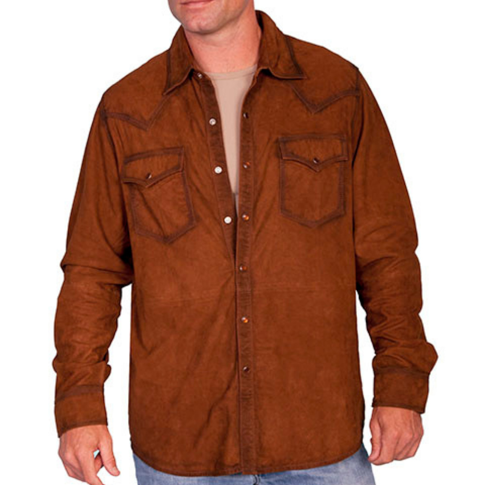Men's Brown Western Suede Pearl Snap Shirt 