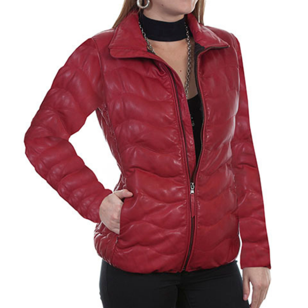 Ladies Red Lamb Ribbed Leather Jacket 