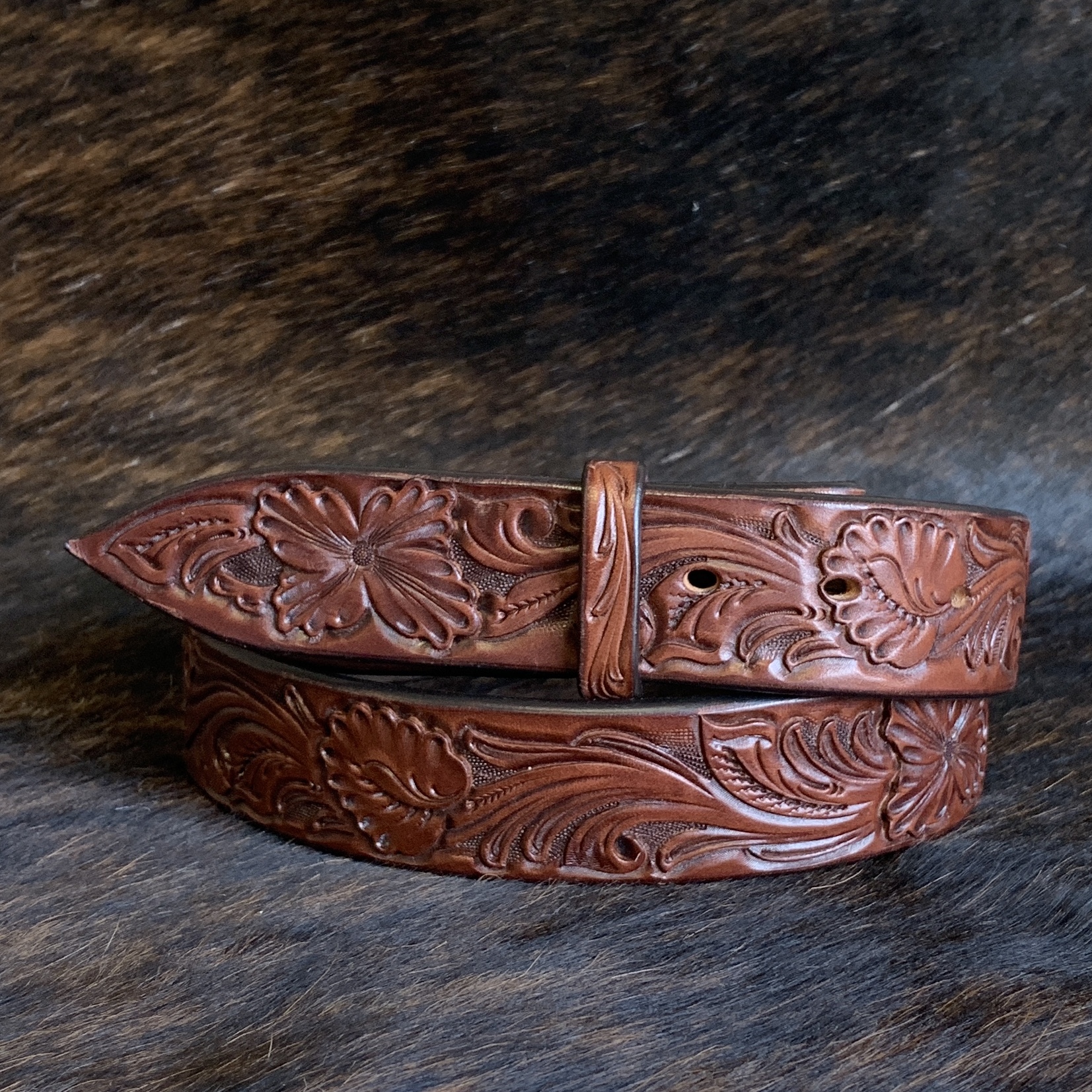 1 1/2" BURNS TOOLED MATTI FLORAL CHOCOLATE BELT