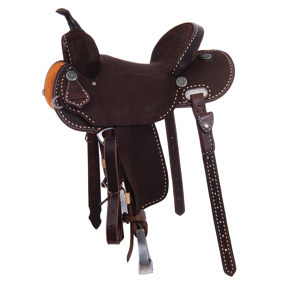 Burns Chocolate RO Barrel Saddle- Round- Natural Buckstitch 