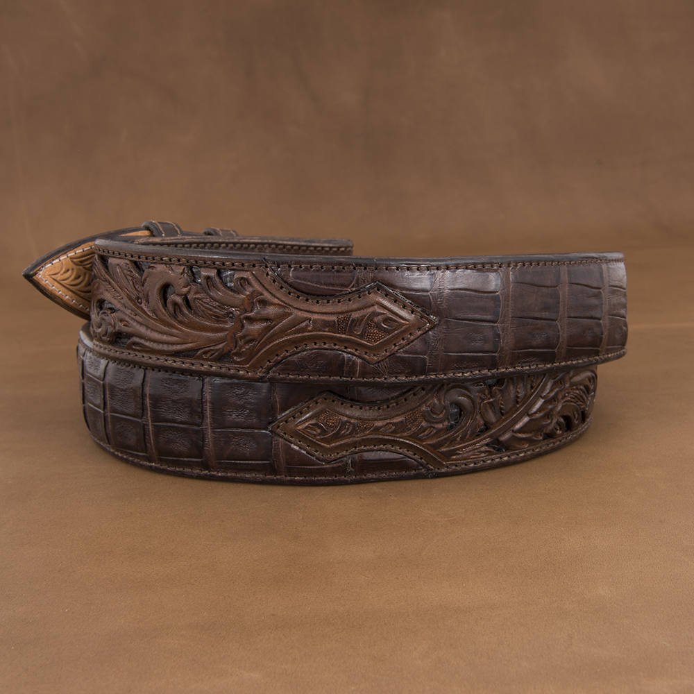 Sunset Trails Caiman Leather Belt with Hand Tooled Billets