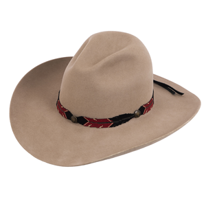 Black and Matte Red Hatband w/Grey Staff 4 Feathers 3 Bronze Buttons